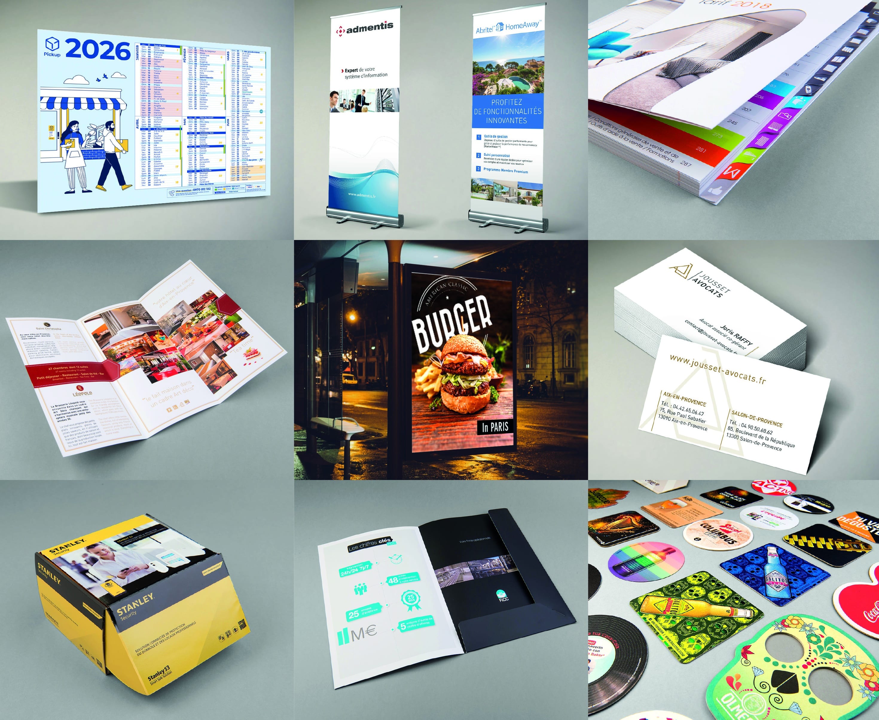Sélection de réalisations Signum : calendriers, kakémonos, brochures, packaging et cartes de visite